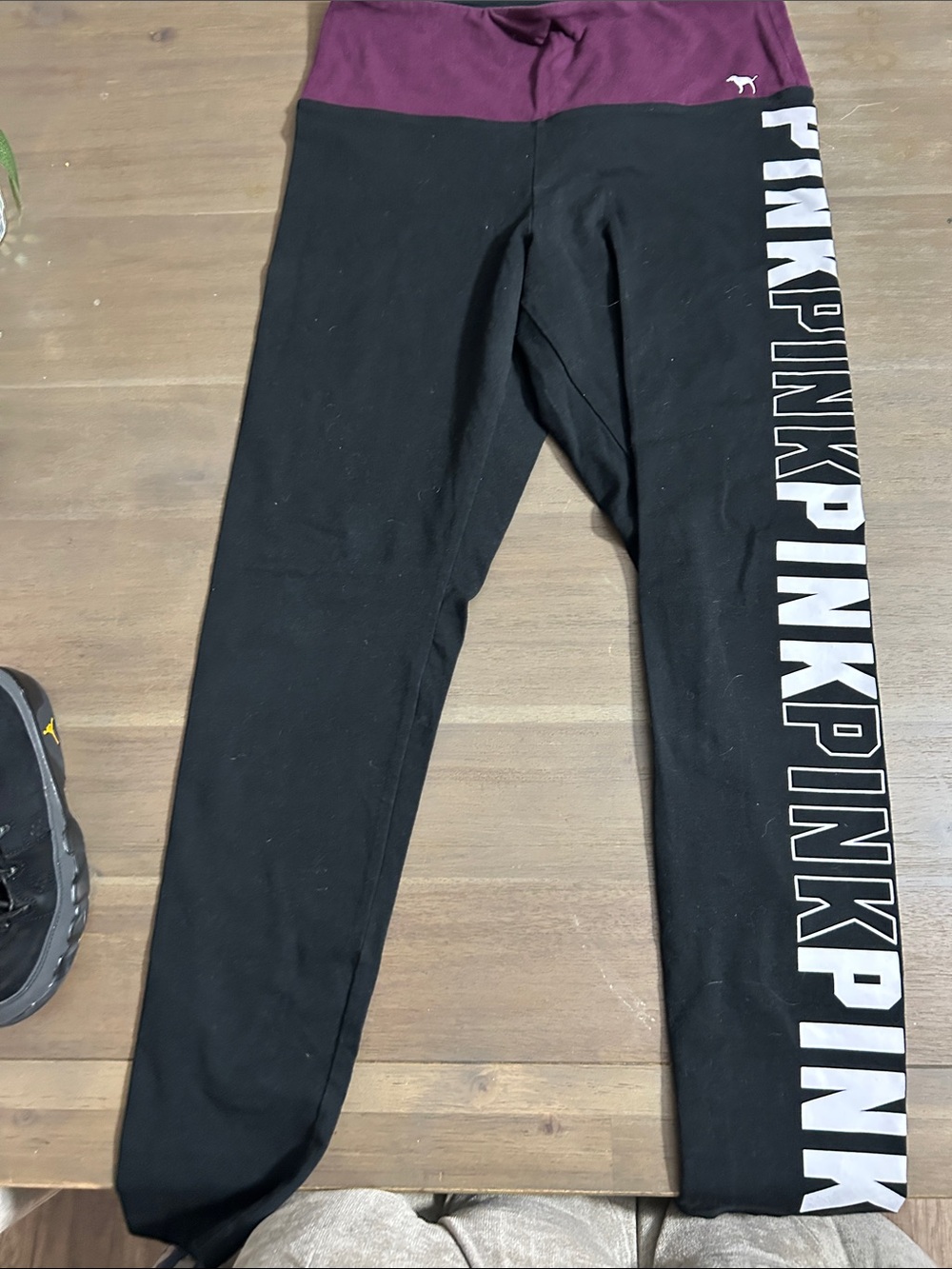 PINK Victoria's Secret Black Leggings with Purple Waistband